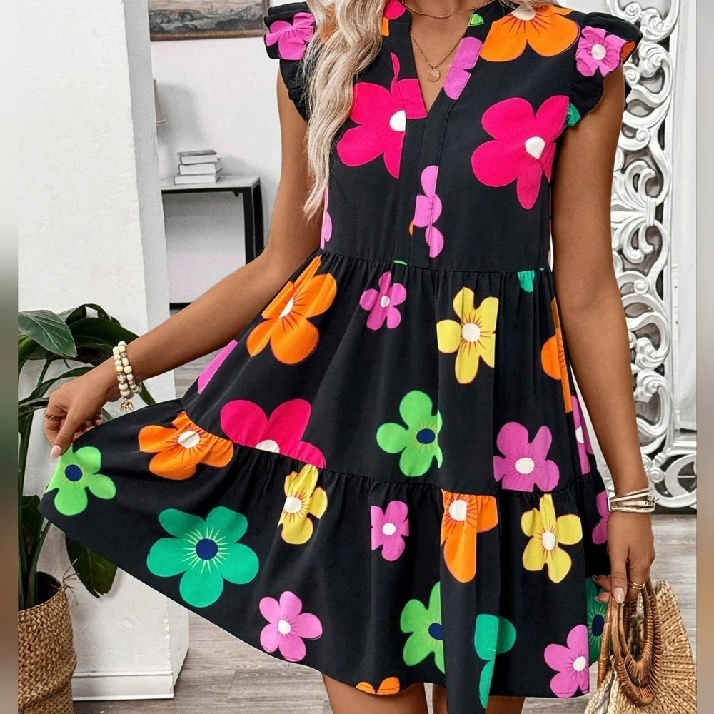 Floral Printed Notched V-Neckline Cap Sleeve Loose Babydoll Dress - Picture 1 of 4